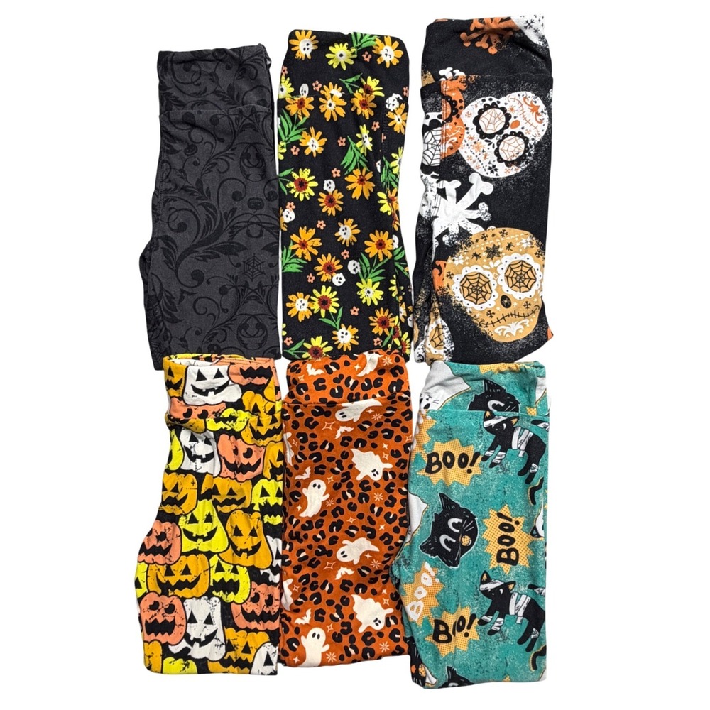 LuLaRoe Kids S/M Halloween Leggings Bundle 6 Pair Pumpkin Ghost Skull Cat Spooky